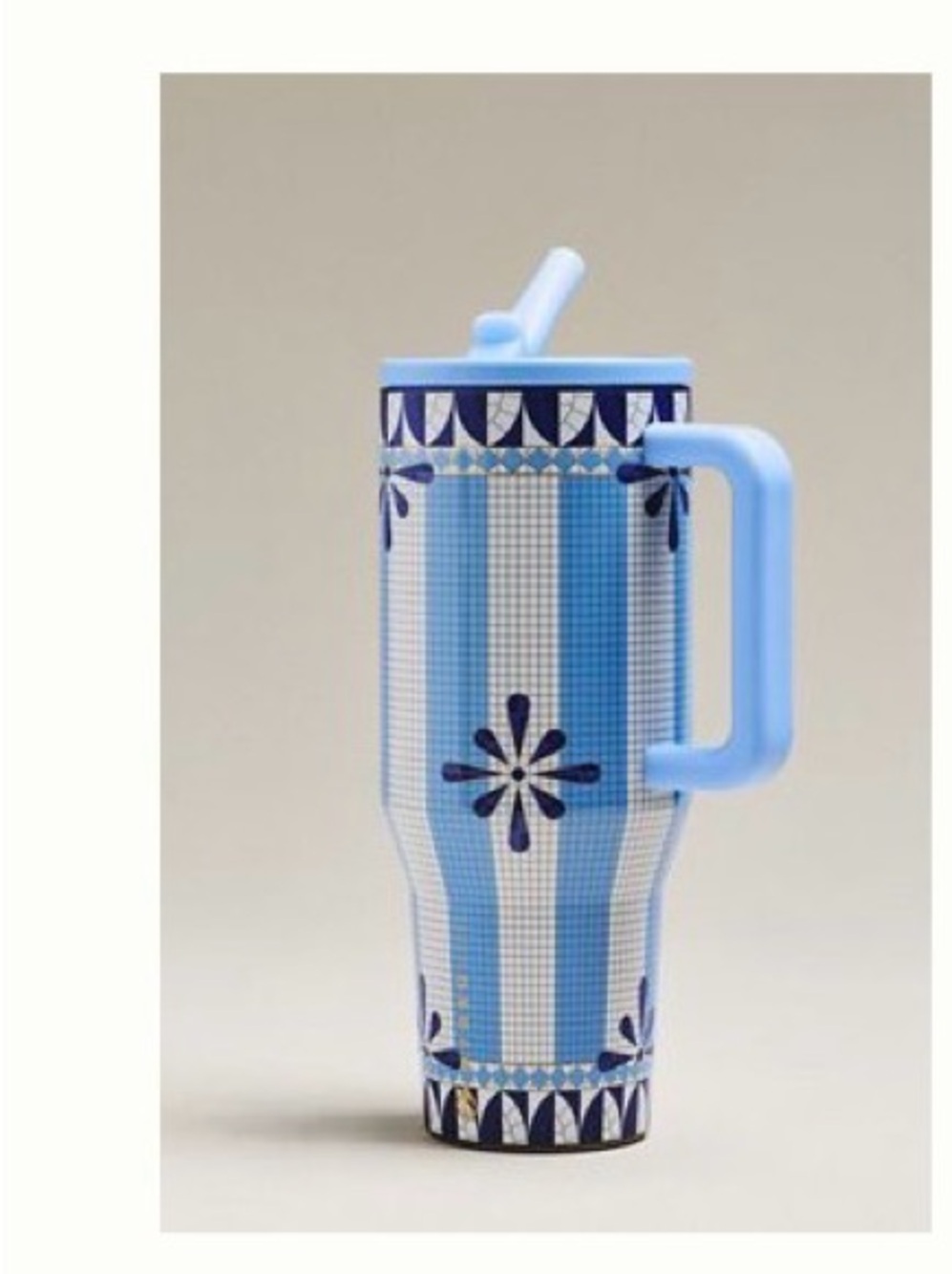 Brand new Blue Floral Striped Insulated Travel Tumbler with Handle and Straw